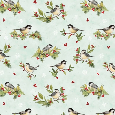 фото тканина chickadees all over mint green